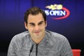 Nineteen times Grand Slam champion Roger Federer during press conference after loss at quarterfinal match at US Open 2017 Royalty Free Stock Photo