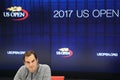 Nineteen times Grand Slam champion Roger Federer during press conference after loss at quarterfinal match at US Open 2017 Royalty Free Stock Photo