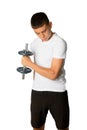 Nineteen year old teen boy exercising biceps Royalty Free Stock Photo