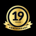 Nineteen Years Anniversary Gold and Black Isolated Vector