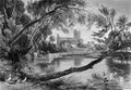 Old Illustration of River and Historic Abbey Scene Royalty Free Stock Photo