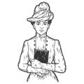 Nineteenth century fashion. Woman Holding Book To Chest. Sketch scratch board imitation color.