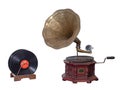 Nineteenth century phonograph gramophone and vinyl records isolated on white including clipping path