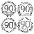 Ninetieth anniversary emblems set. Patterned celebration signs in vintage style