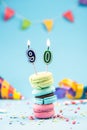 Ninetieth 90th Birthday Card with Candle in Colorful Macaroons and Sprinkles. Card Mockup Royalty Free Stock Photo