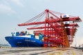 NINGBO ZHOUSHAN, CHINA - March 2018: Ningbo Zhoushan industrial shipping port on a busy day, cargo containers being