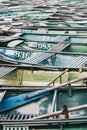 Ninh Binh, Vietnam - May 2019: pattern of tourist boats moored in Tam Coc national park