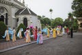 Ninh Binh, Vietnam - May 16, 2015: Vietnamese Christian women perform an old traditional dance on Flower offering to Mother day at
