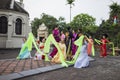 Ninh Binh, Vietnam - May 16, 2015: Vietnamese Christian women perform an old traditional dance on Flower offering to Mother day at