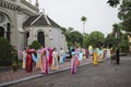 Ninh Binh, Vietnam - May 16, 2015: Vietnamese Christian women perform an old traditional dance on Flower offering to Mother day at