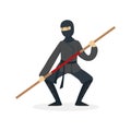 Ninja assassin character in a full black costume fighting with bamboo training sword in his hand, Japanese martial art