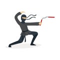 Ninja assassin character in a full black costume fighting with nunchaku in his hands, Japanese martial art vector