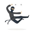 Ninja assassin character in a full black costume jumping and throwing shurikens, Japanese martial art vector Royalty Free Stock Photo