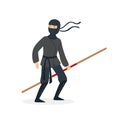Ninja assassin character in a full black costume standing with bamboo training sword in his hand, Japanese martial art