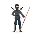 Ninja assassin character in a full black costume standing with katana swords behind his back and bamboo training sword