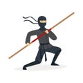 Ninja assassin character in a full black costume training with bamboo sword in his hand, Japanese martial art vector