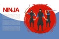 Ninja assassin movement and fighting skills with Japanese weapon sword and bow to attack vector cartoon illustration.