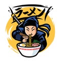 Ninja eat ramen with japan word ramen Royalty Free Stock Photo