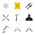 Ninja equipment icons set, flat style