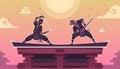 Ninja fight. Cartoon scene with ancient Japanese warriors in black kimono with swords. Shinobi duel. Assassins standing