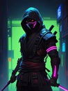 Ninja man with glowing pink light, Cyborg in the dark with glowing neon lights, black fighter