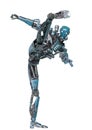 Ninja robot in round kick in a white background