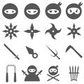 Ninja, samurai and weapons vector icons set