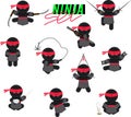 Ninja set in different poses with weapons, rice and incense. Vector illustration