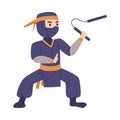 Ninja or Shinobi Character as Japanese Covert Agent or Mercenary in Shozoku Disguise Costume Fighting with Nunchaku