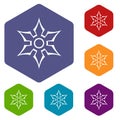 Ninja shuriken star weapon icons set hexagon