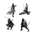 Ninja Soldiers with Weapons Isolated on White Background Vector Sketched Illustrations Set