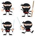 Ninja Warrior Cartoon Character With Weapons Flat Design. Collection