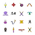 Ninja weapon icons set cartoon