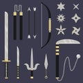 Ninja weapon set. Katana, sai, kunai, nunchacku, bow and arrows. Cartoon style. Clean and modern vector illustration for design, Royalty Free Stock Photo