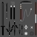 Ninja Weapon Set for Your Design, Game, Card. Katana, Sai, Kusarigama, Nunchucks, Kunai, Stick, Shuriken.