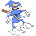 Ninjas in action doing flying moves riding the clouds, doodle icon image kawaii