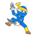 Ninjas in action wielding swords and sharp weapons, doodle icon image kawaii