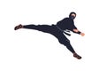 Ninjutsu fighter. Ninja wrestler, Japan warrior in fight action. Japanese wrestling, martial art. Man in black outfit