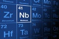 Niobium, with symbol Nb, on the periodic table of the elements