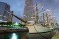 Nippon Maru sailing ship in Yokohama at night, Japan