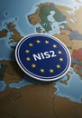 The nis2 directive logo on a map of europe representing cybersecurity regulations Royalty Free Stock Photo