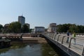 Bridge over the river Nisava with people in the city of Nis downtown
