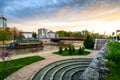 Nis, Serbia - November 4, 2018: City of Nis landmark view by the Nisava river on a calming sunset