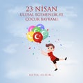 23 Nisan Ulusal Egemenlik ve Ãâ¡ocuk BayramÃÂ±, Balloon, sky and kid design. Translate: Turkish 23 April Childrens Day. Vector illus Royalty Free Stock Photo