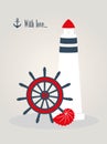 Nise card with lighthouse shell and helm Royalty Free Stock Photo