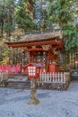 Nishinomiya Honden (West Hall) of Kitaguchi Hongu Fuji Sengen Jinja shinto shrine. North side entrance of Mount Fuji