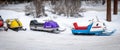 NISSWA, MN - 21 JAN 2022: Old McCulloch, Viking and Polaris snowmobiles Royalty Free Stock Photo