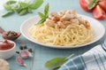 Italian chiken pasta, spaghetti wtih basilik, tomato . Vegetarian vegetable pasta. Royalty Free Stock Photo