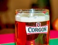 Close-up of a glass of fresh Slovak foamy beer \