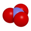 Nitrate anion, chemical structure. 3D rendering. Atoms are represented as spheres with conventional color coding: nitrogen blue.